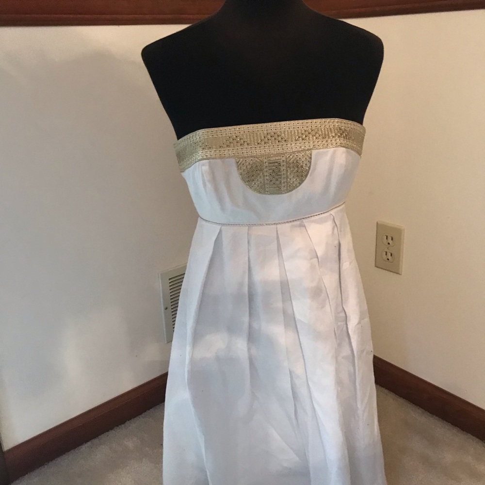 White House Black Market strapless cotton gold embellished cotton mini dress